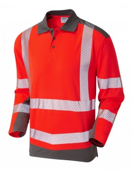 Leo Wringcliff CoolvizPlus Sleeved Polo Shirt Red/Grey High Visibility
